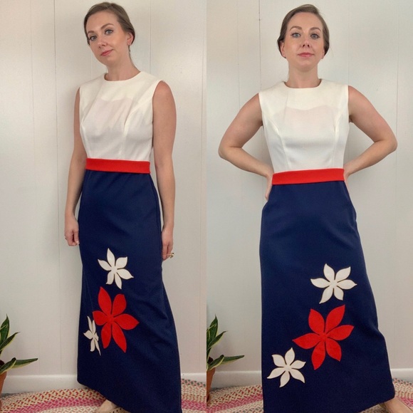 VINTAGE 1960's Red White Blue Maxi Dress | H13 - Picture 2 of 8